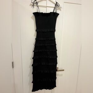 V. Chapman Lily Ruched & Ruffled Stretch Satin Midi Dress - Black